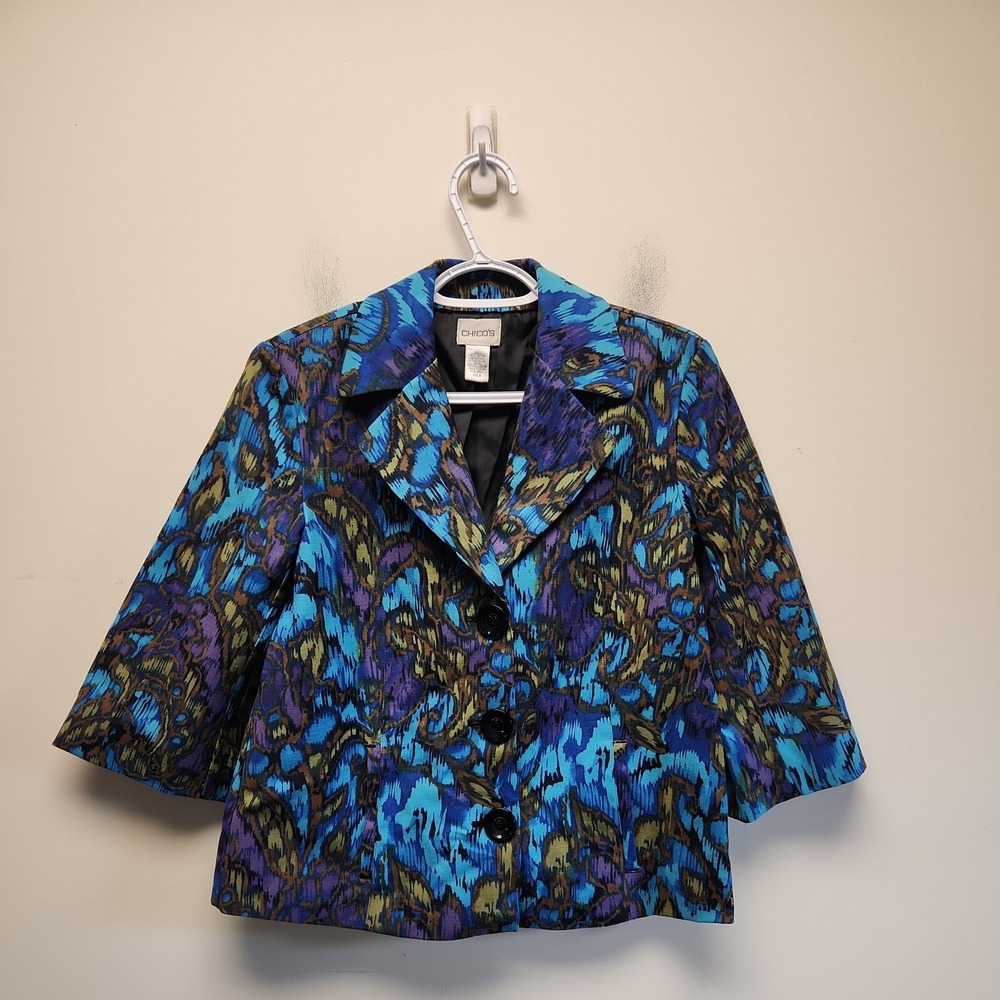 Chicos 1 Floral Watercolor Lined Crop Blazer Button Down Jacket w3